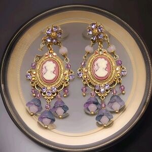 Vintage Estate French Floral Cameo Crystal Gold Chandelier Earrings